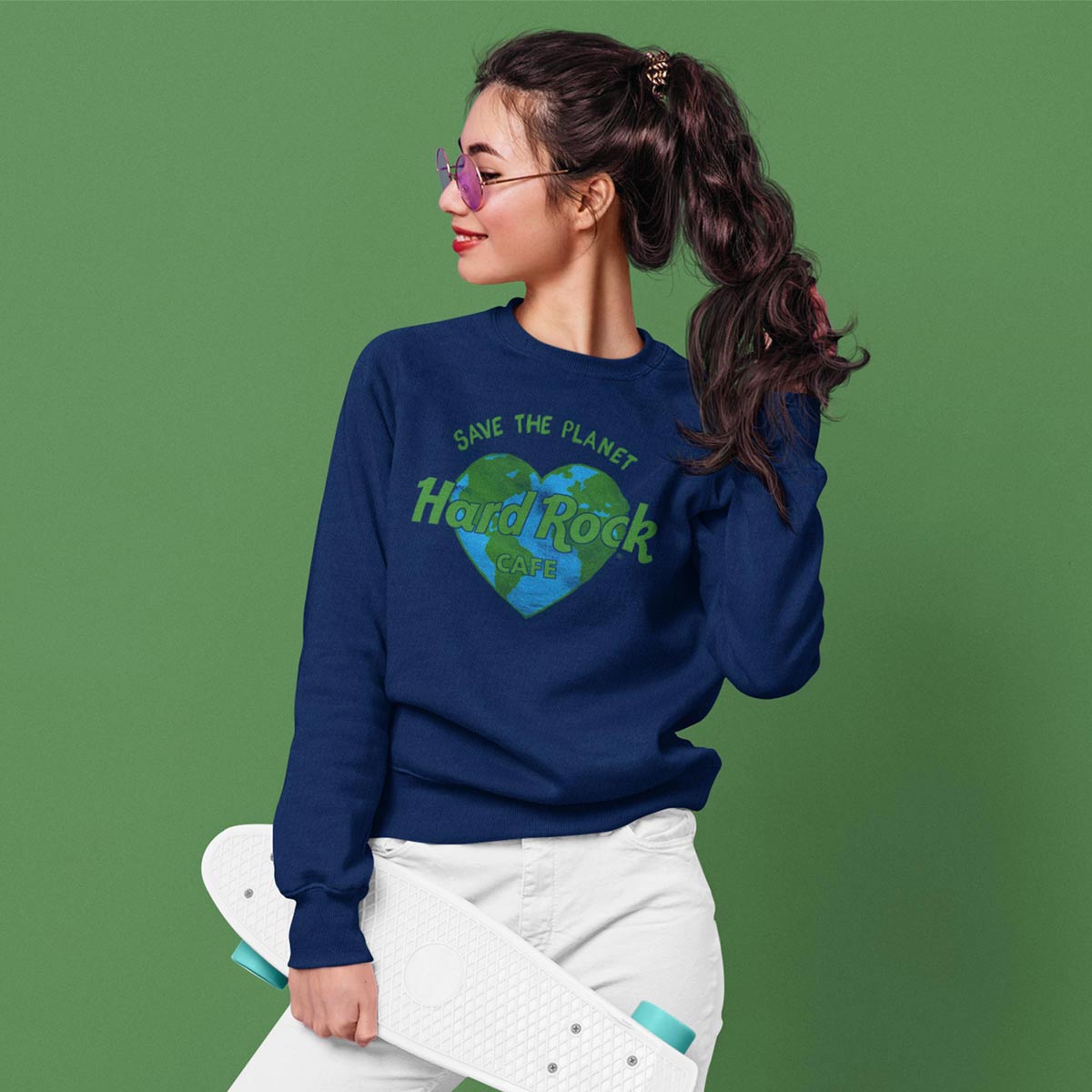 Adult Fit Save the Planet Heart University Sweatshirt in Navy Blue image number 3