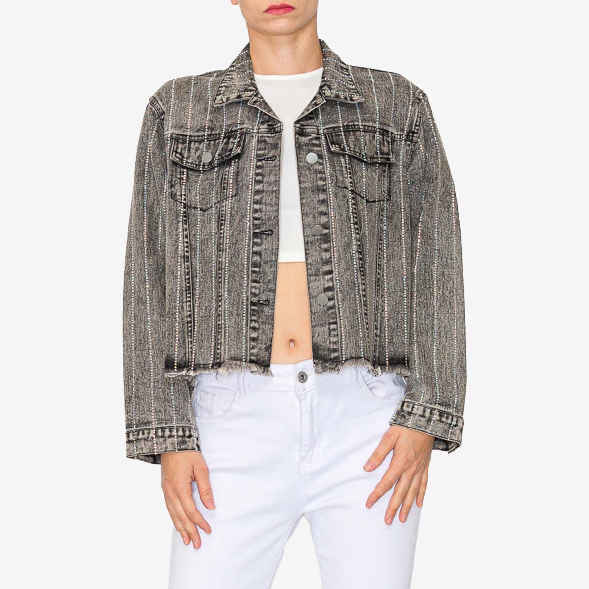 Rhinestone Denim Jacket in Black Acid Wash image number 1