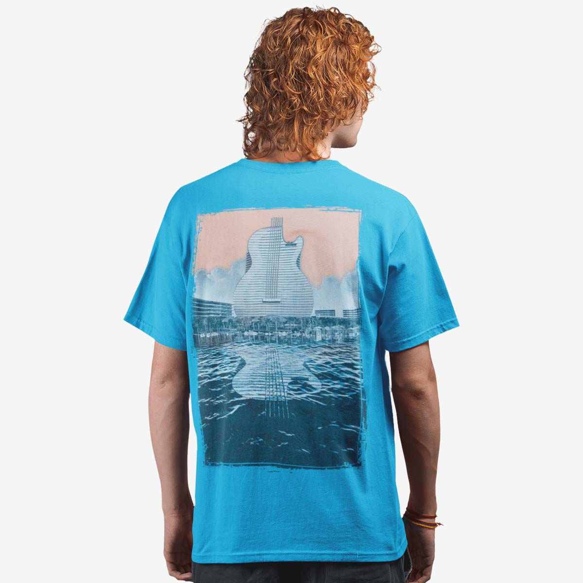 Guitar Hotel Adult Fit Tee in Aqua with Reflection Design image number 1