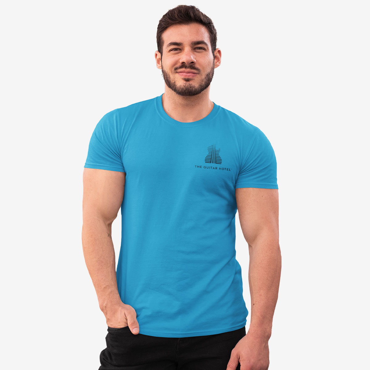 Guitar Hotel Adult Fit Tee in Aqua with Reflection Design image number 2